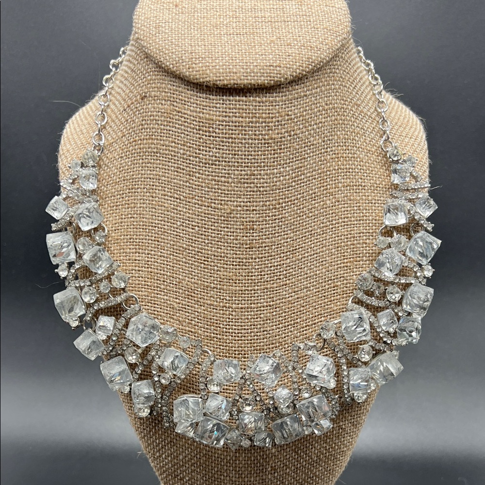 Silver Tone Crystal Dimensional “Cracked Ice” Statement Necklace | 16–19”